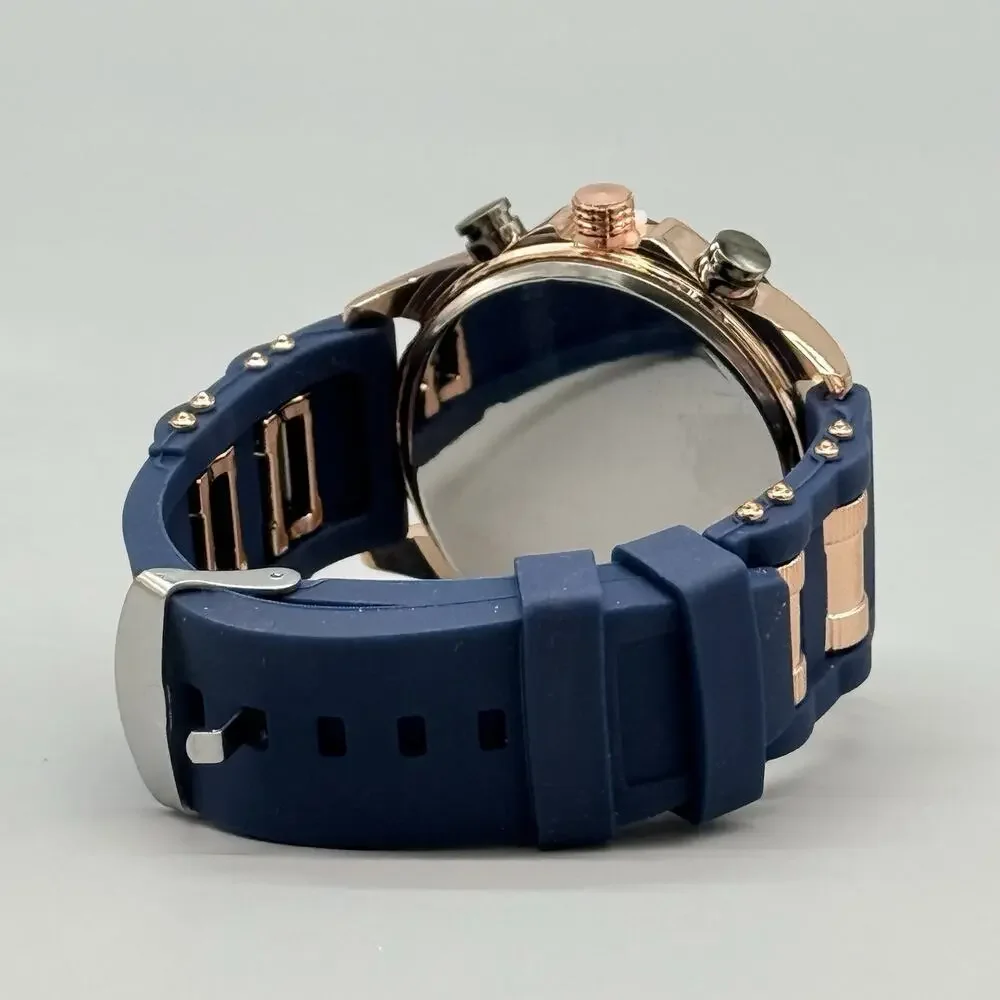 Mens Navy Blue Rose Gold Watch Silicone Strap Industrial Bolled Bezel Sport New